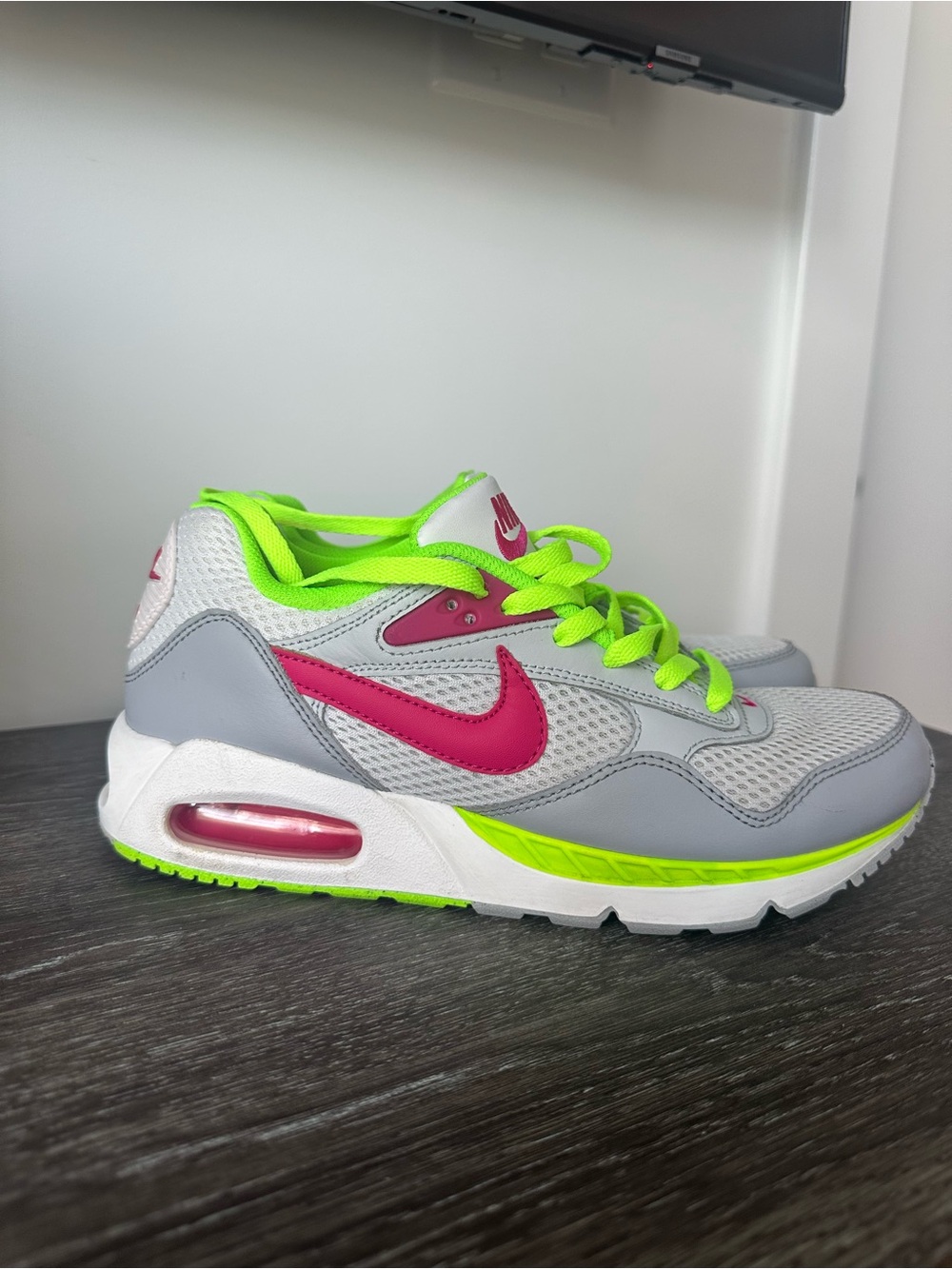Nike Women’s Gray Sneakers with Pink Swoosh and Neon Green Accents